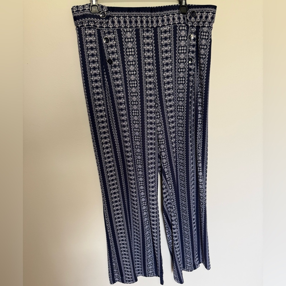 Robert Louis Navy and White Geometric Wide Leg Pants
